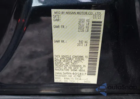 2015 Nissan Altima 2.5 Sl из США, поврежденный, VIN 1N4AL3AP9FN405817